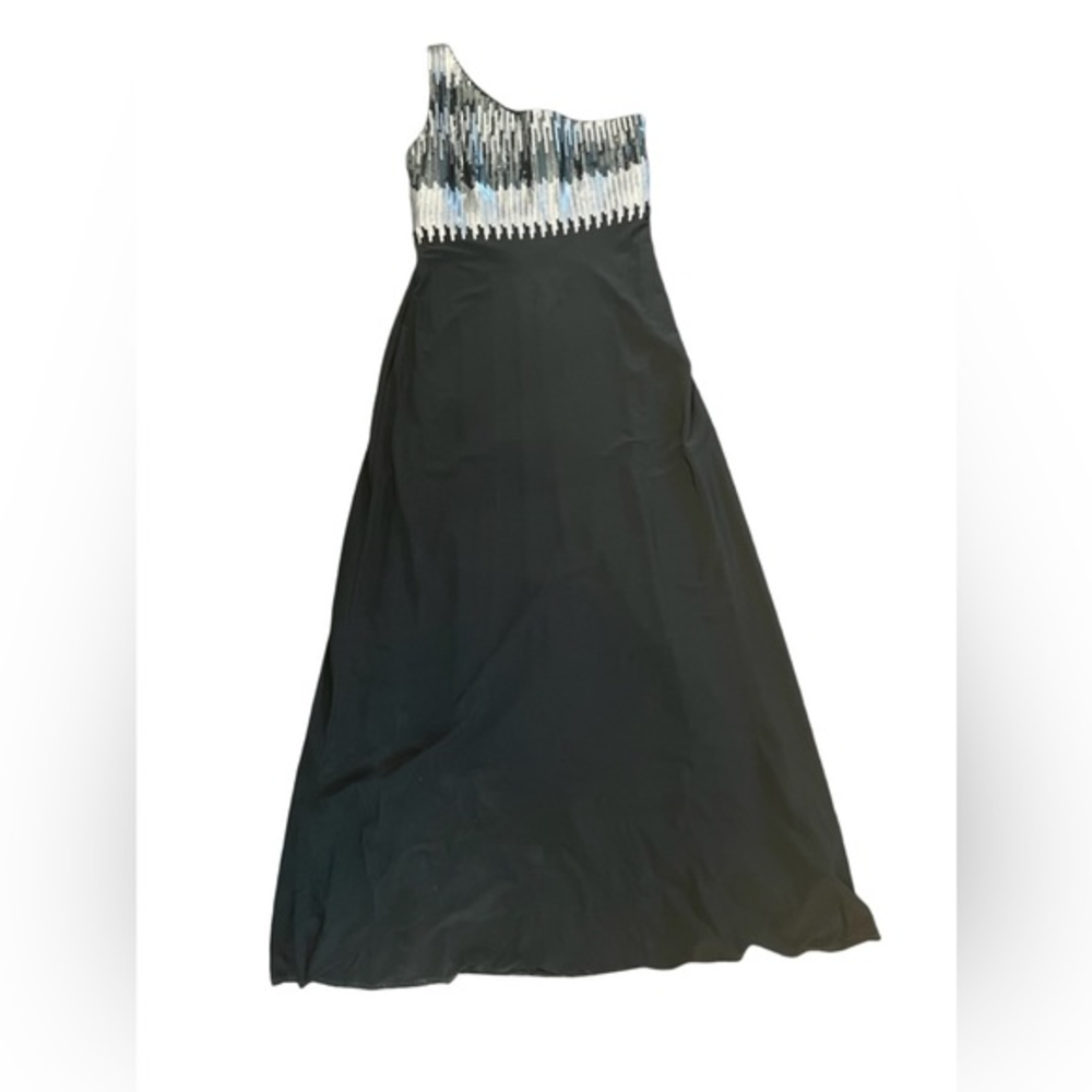 DAVID MEISTER Black Silver Sequin‎ Sleeveless One Shoulder Gown Dress Size 10